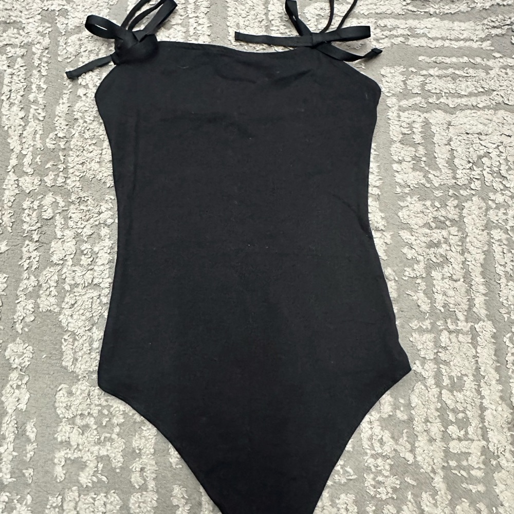 Black Tie-Shoulder Bodysuit